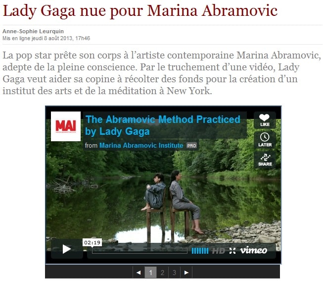 Article du journal Le Soir illustré d'une vidéo où on voit Lady Gaga et Marina Abramovic