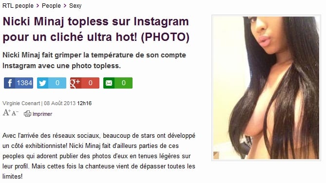 Extrait d'un article de RTL illustré d'une photo de Nicki Minaj topless, les seins cachés par ses cheveux