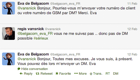 Le community manager de Belgacom, l'avatar Eva, s'excuse de son erreur sur Twitter